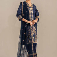 Embroidered Navy Blue Stitched Suit - Nishat