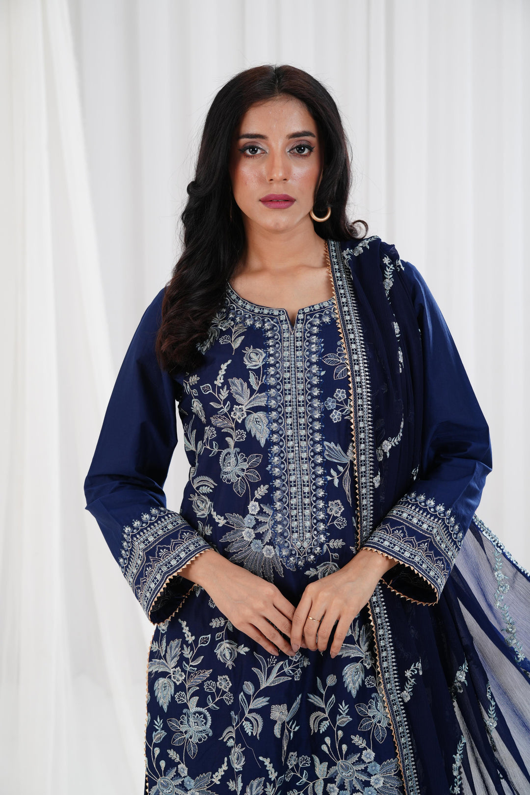 Embroidered Navy Stitched Suit - Nishat