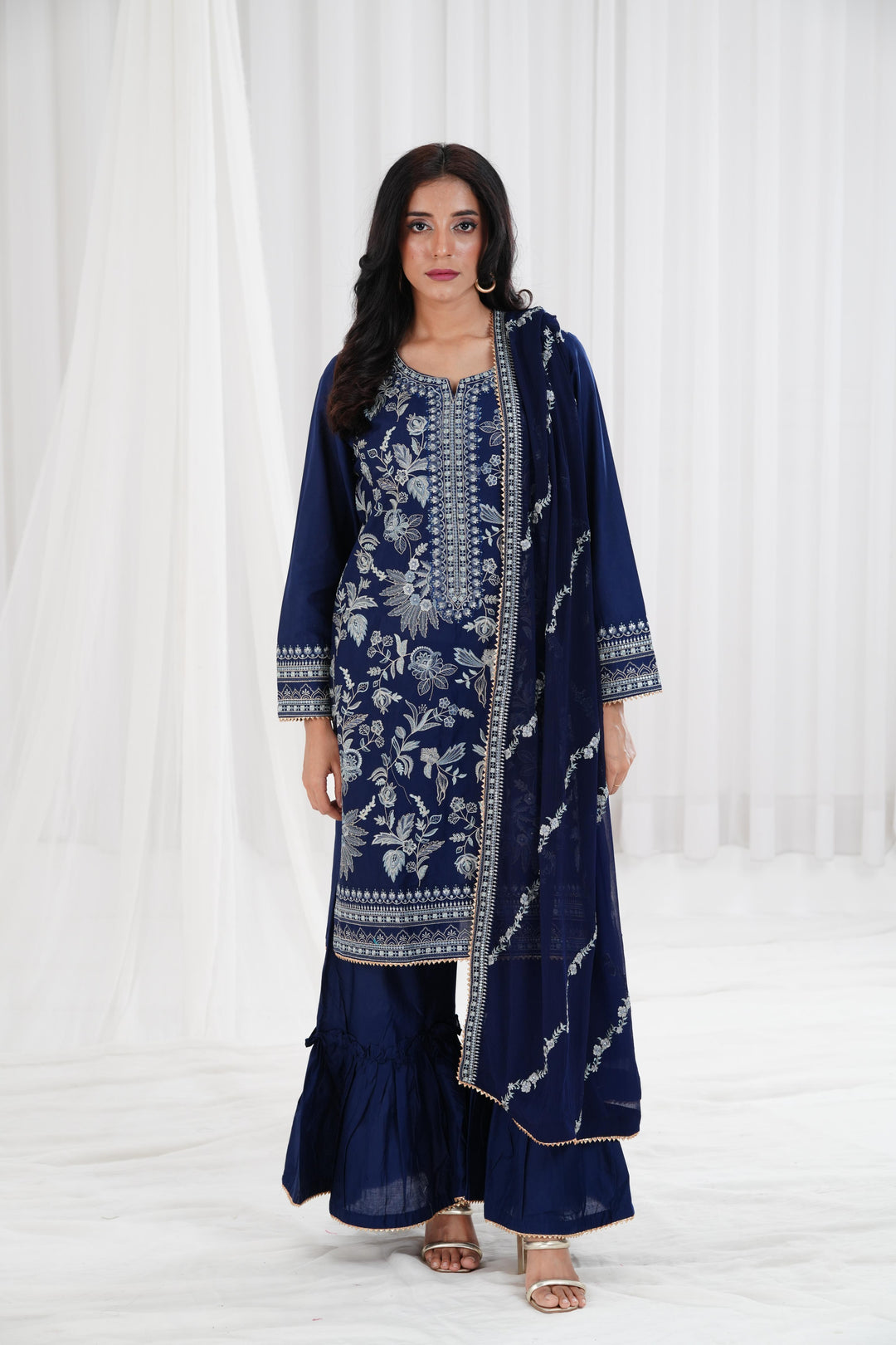 Embroidered Navy Stitched Suit - Nishat