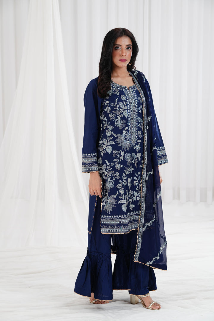 Embroidered Navy Stitched Suit - Nishat