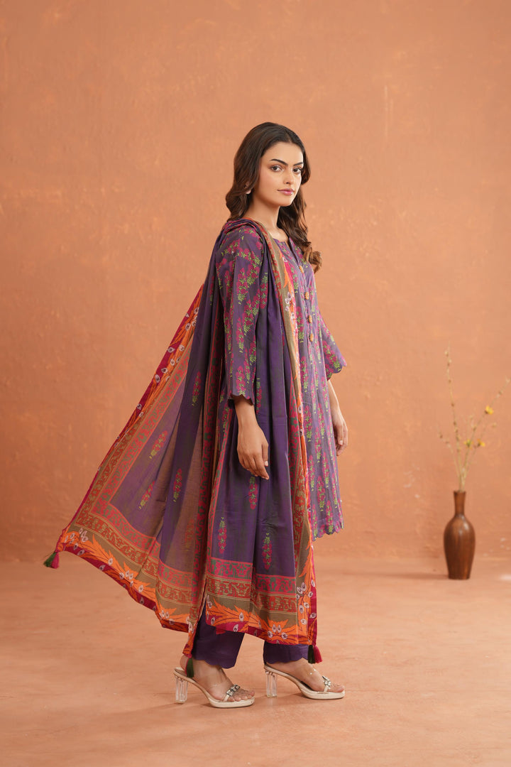 Raw Silk Dark Purple Stitched Suit - Nishat