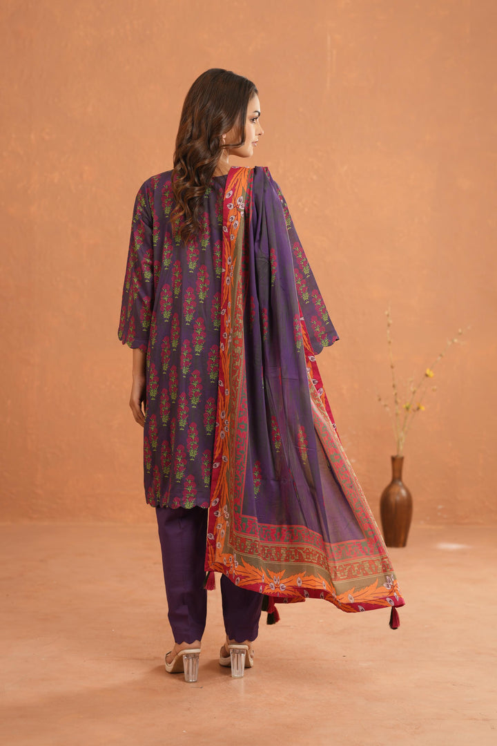 Raw Silk Dark Purple Stitched Suit - Nishat