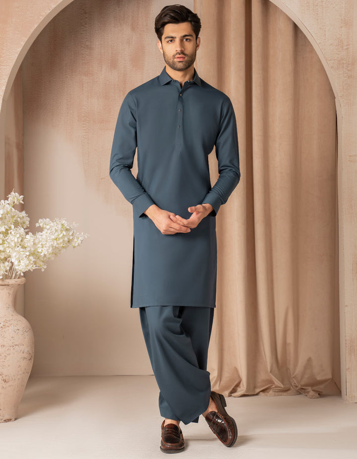 Blended Teal Blue Shalwar Kameez - J. Junaid Jamshed