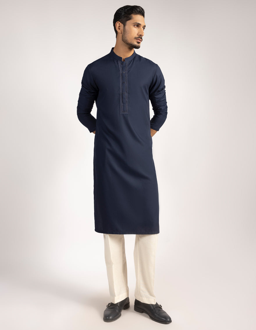 Blended Navy Blue Kurta - J. Junaid Jamshed