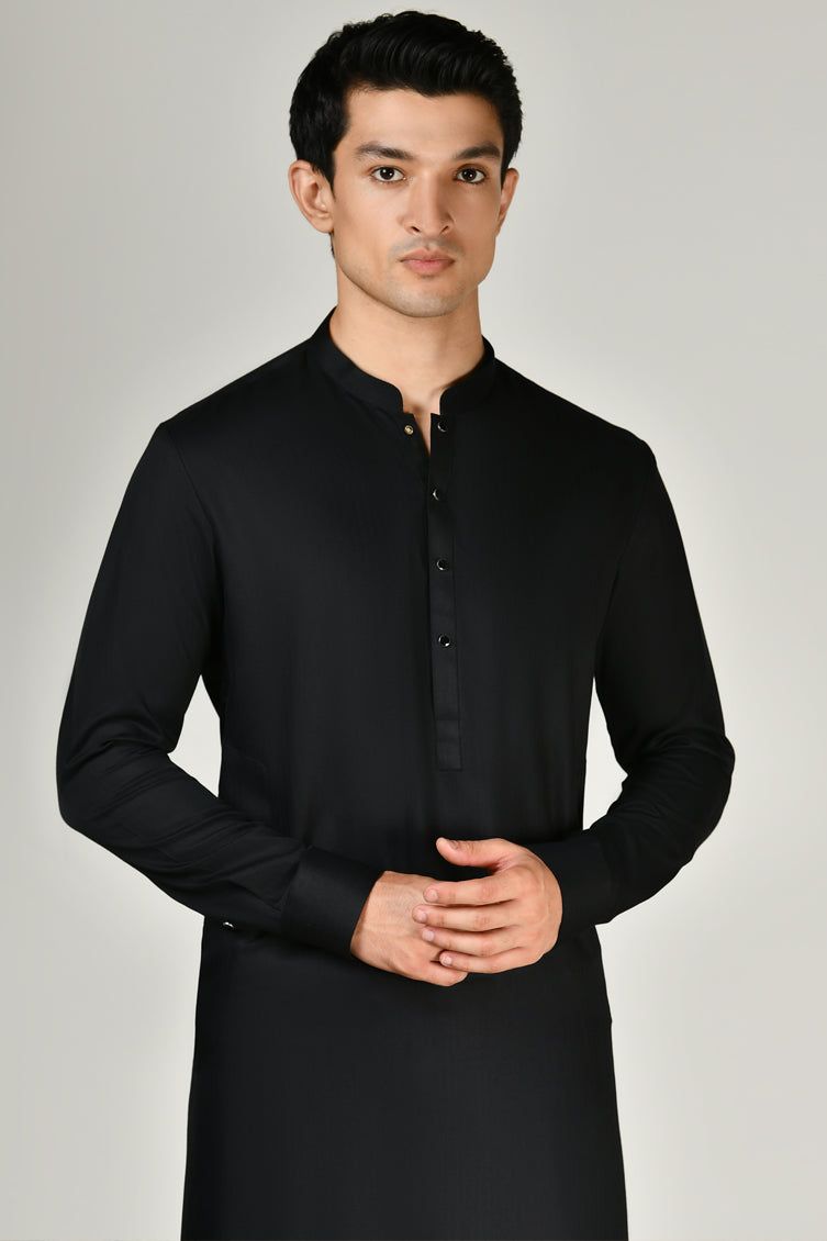 Blended Black Shalwar Kameez with Waist Coat - J. Junaid Jamshed