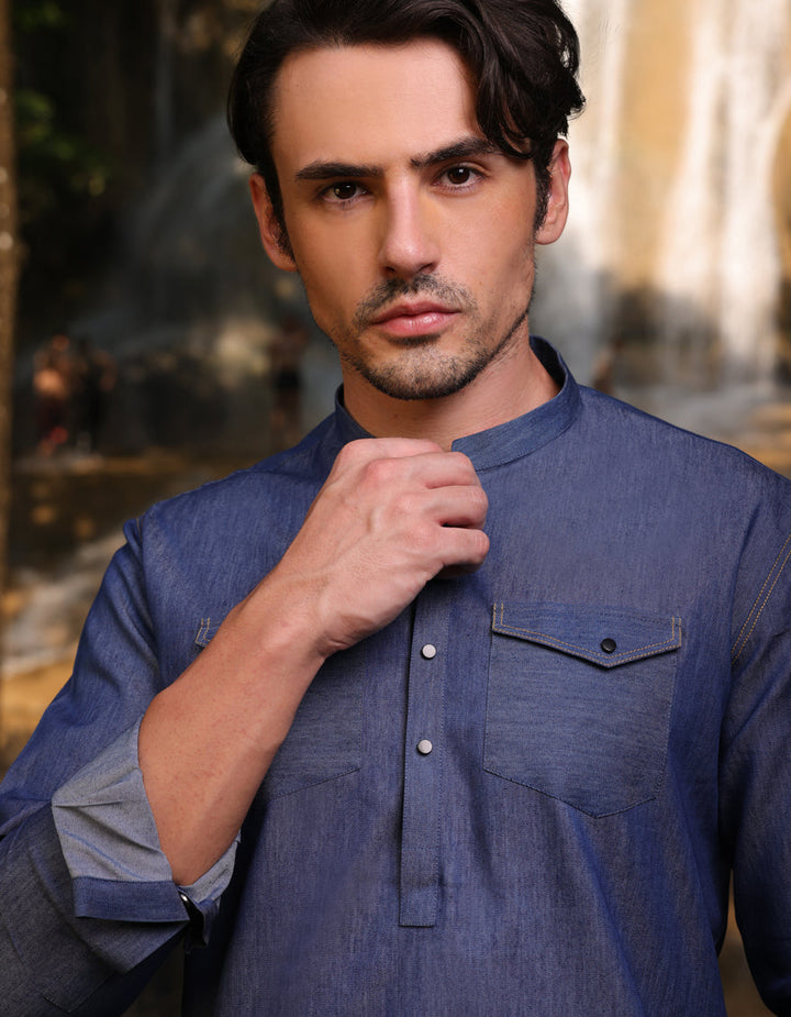 Blended Blue Short Kurta - J. Junaid Jamshed