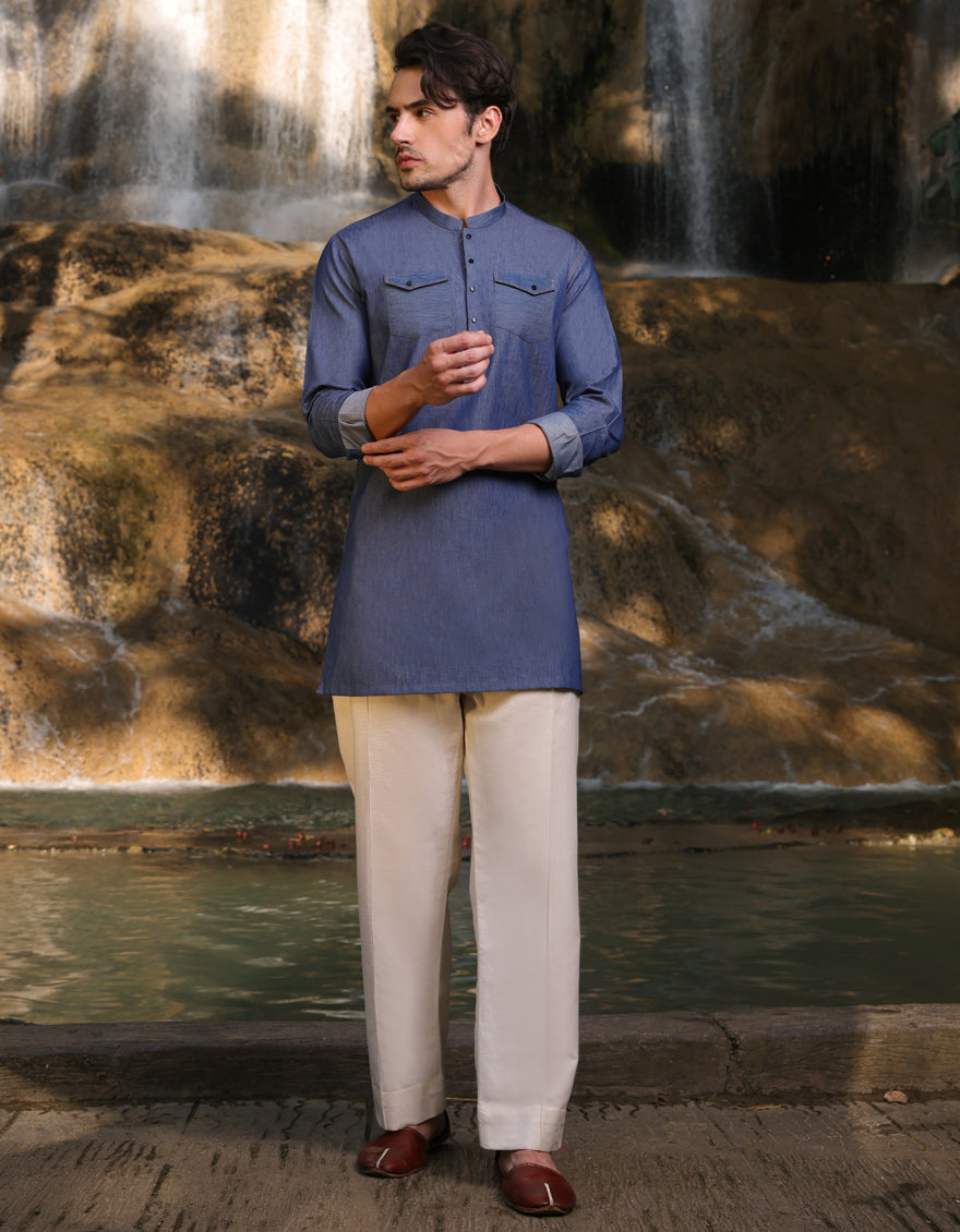 Blended Blue Short Kurta - J. Junaid Jamshed