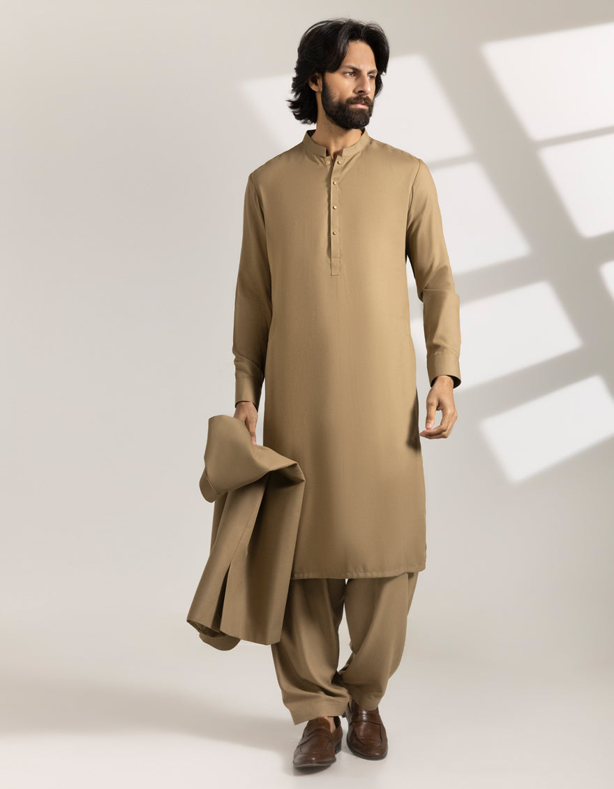 Blended Brown Shalwar Kameez with Waist Coat- J. Junaid Jamshed