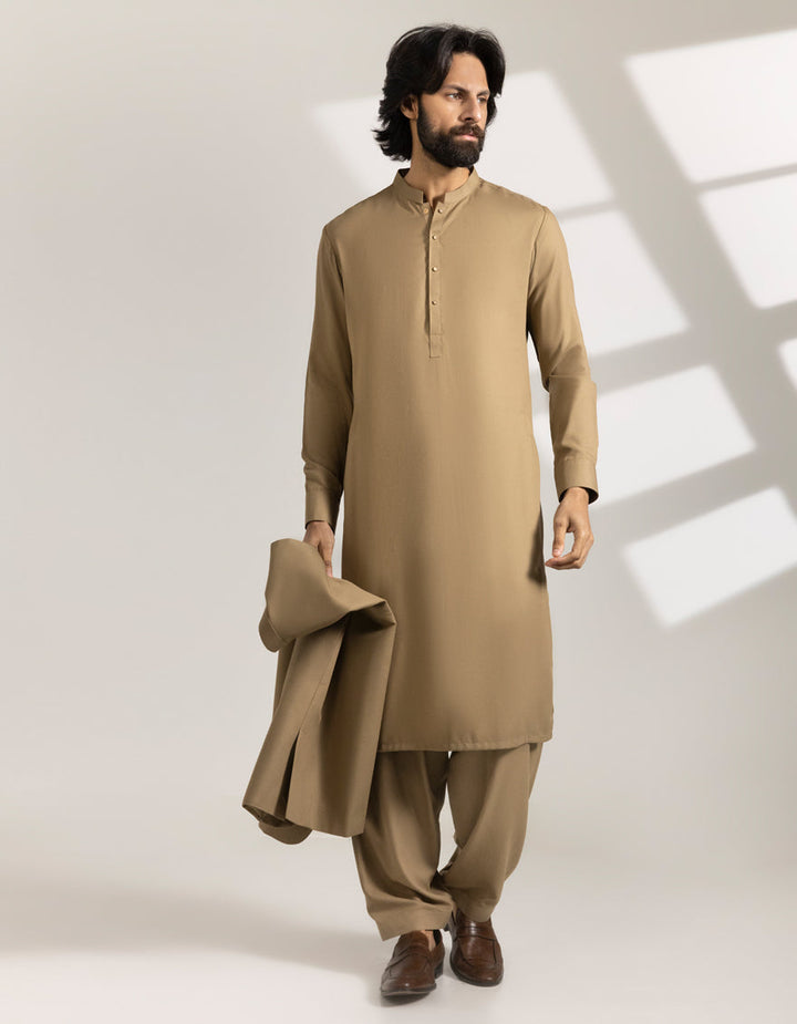 Blended Brown Shalwar Kameez with Waist Coat- J. Junaid Jamshed