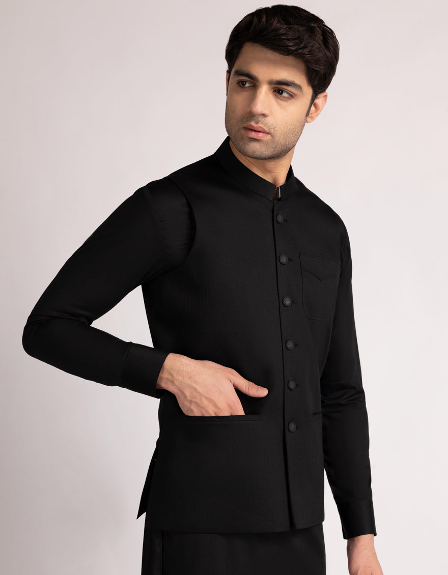 Blended Black Shalwar Kameez with Waist Coat - J. Junaid Jamshed