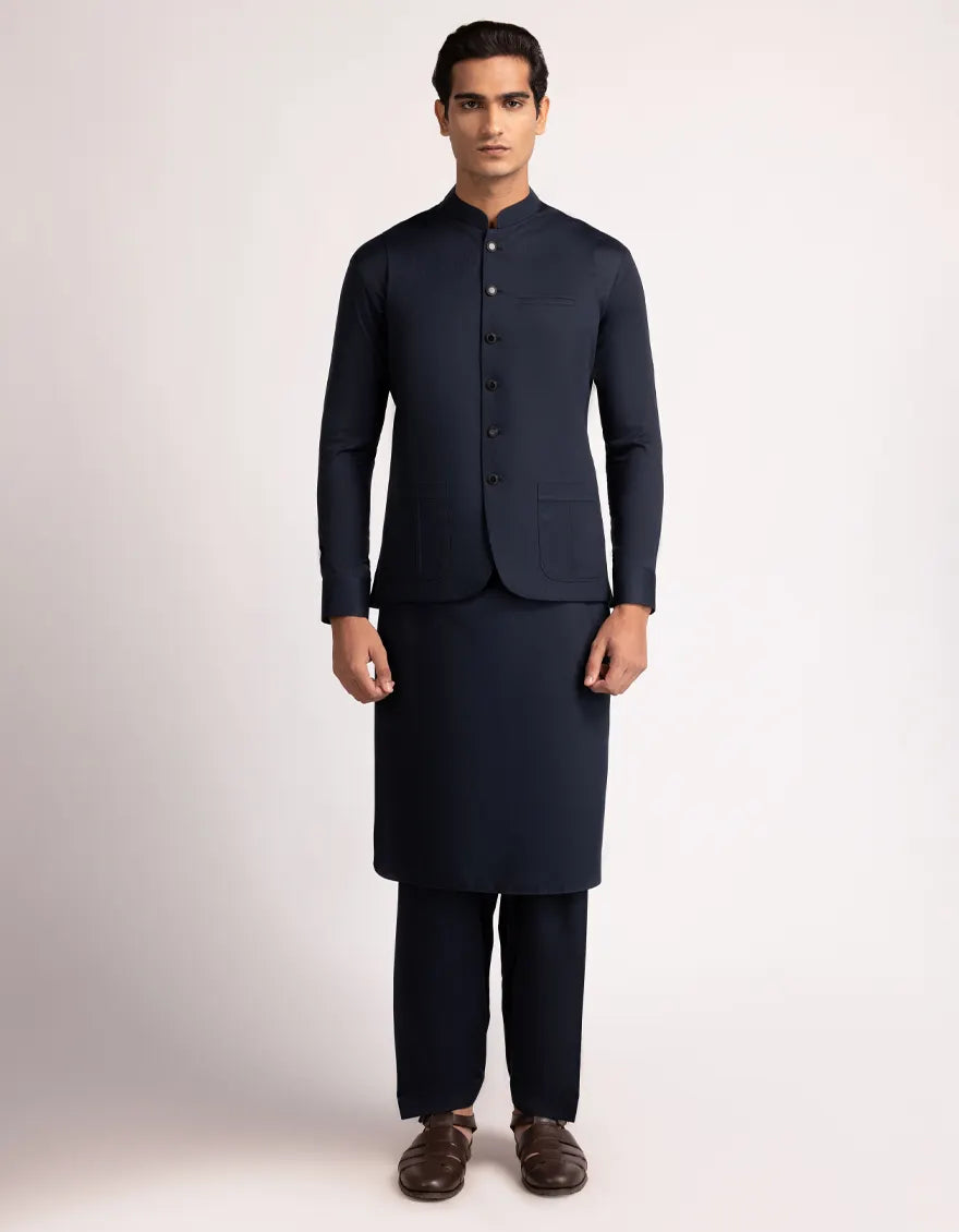 Blended Navy Blue Shalwar Kameez with Waist Coat - J. Junaid Jamshed