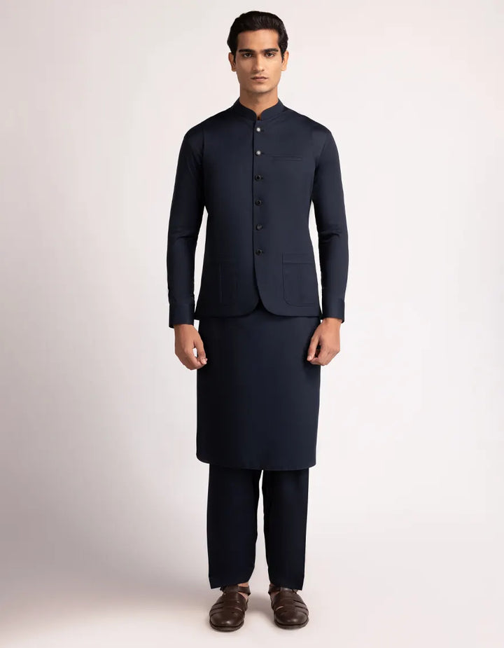 Blended Navy Blue Shalwar Kameez with Waist Coat - J. Junaid Jamshed