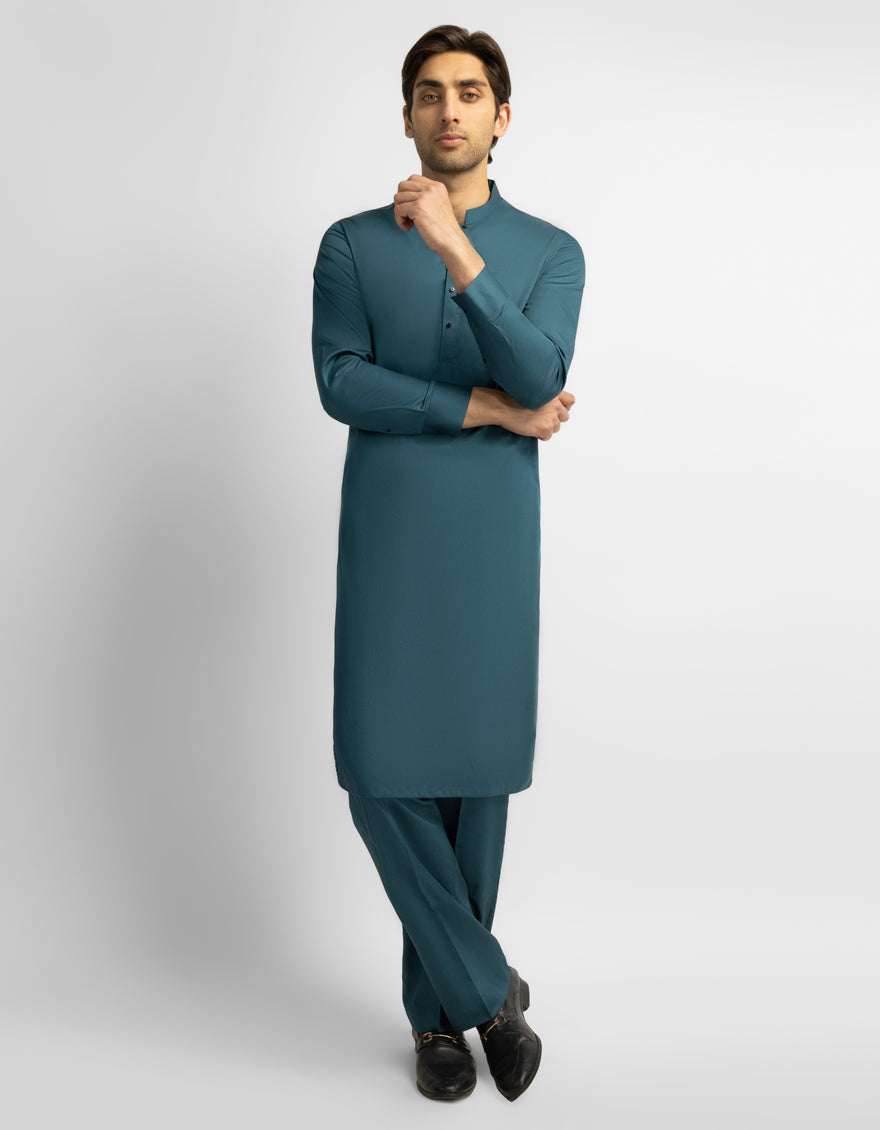 Cotton Turquoise Blue Kurta Trouser - J. Junaid Jamshed