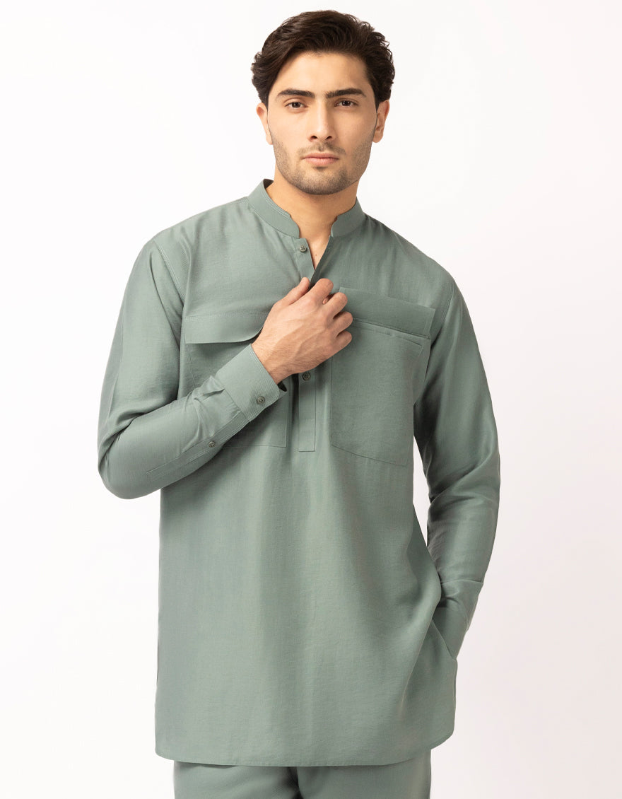 Blended Green Short Kurta Trouser - J. Junaid Jamshed