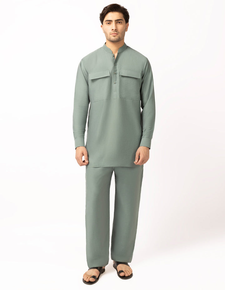 Blended Green Short Kurta Trouser - J. Junaid Jamshed