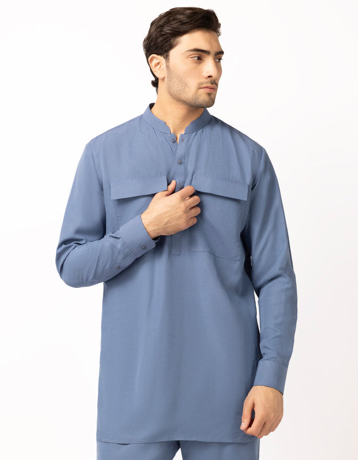 Blended Blue Short Kurta Trouser - J. Junaid Jamshed