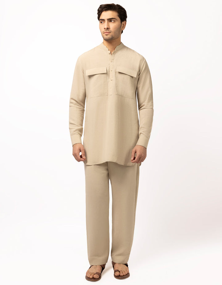 Blended Beige Short Kurta Trouser - J. Junaid Jamshed
