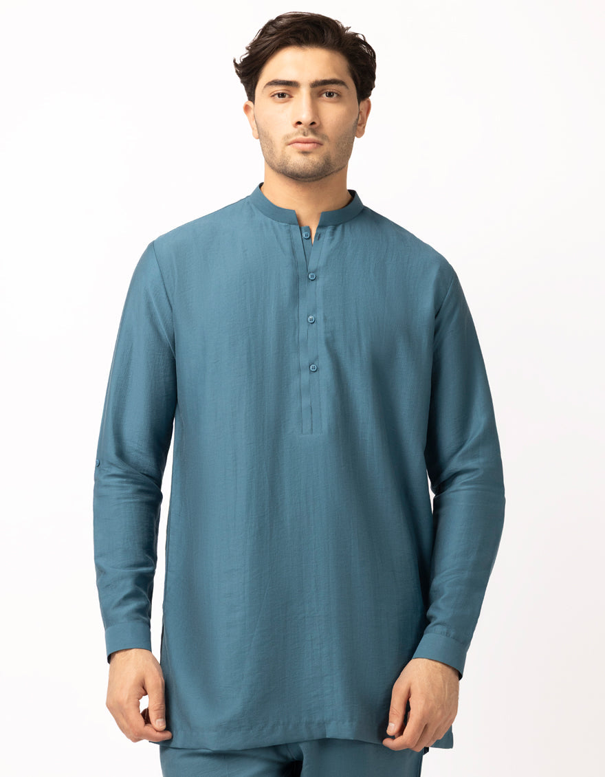 Blended Teal Blue Short Kurta Trouser - J. Junaid Jamshed