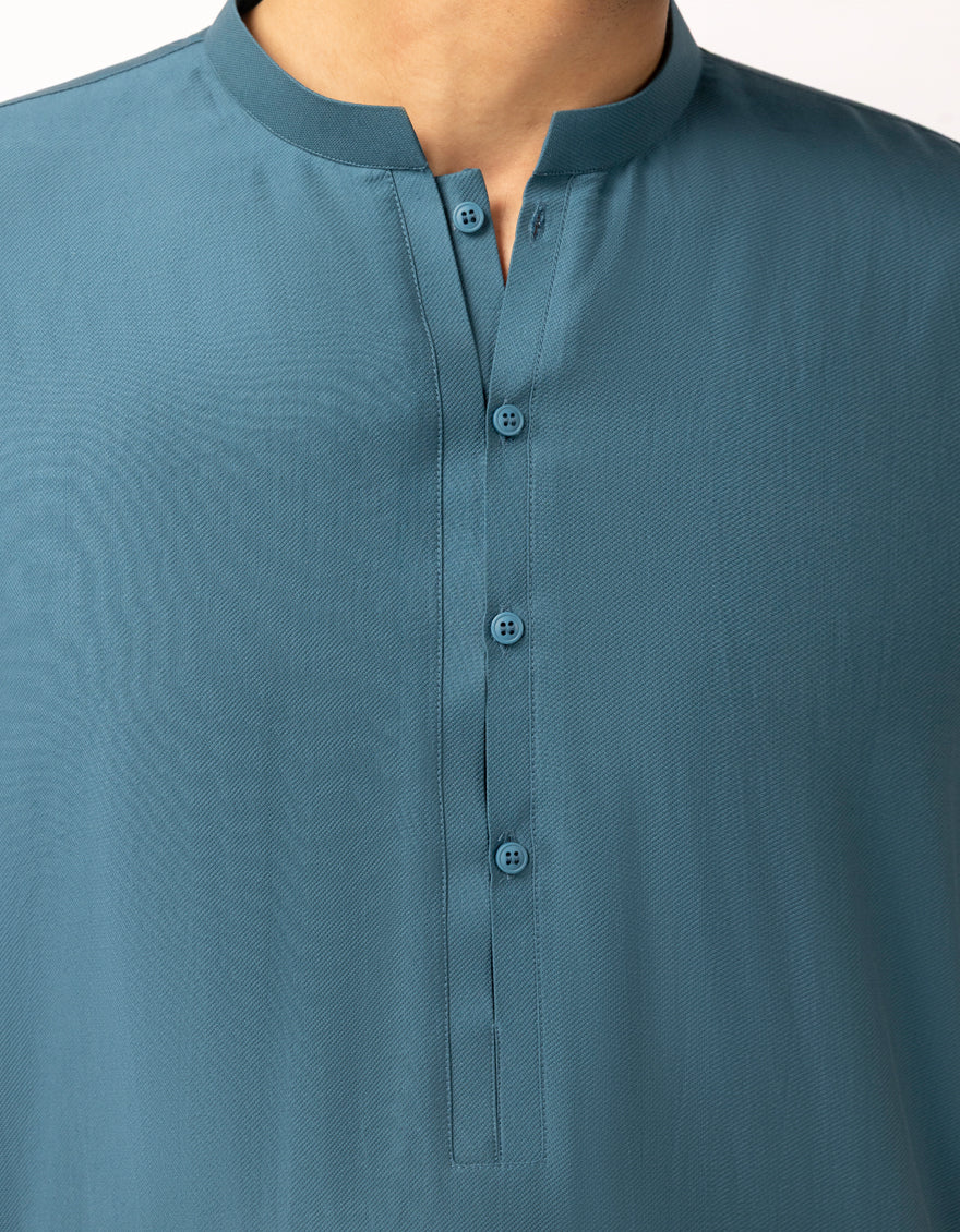 Blended Teal Blue Short Kurta Trouser - J. Junaid Jamshed