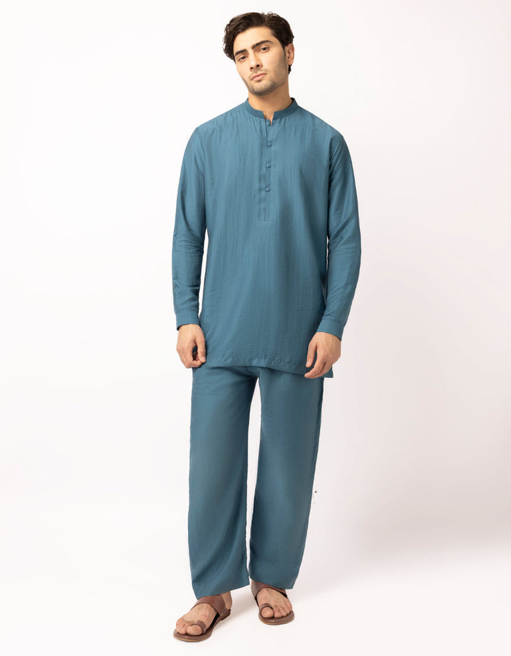 Blended Teal Blue Short Kurta Trouser - J. Junaid Jamshed