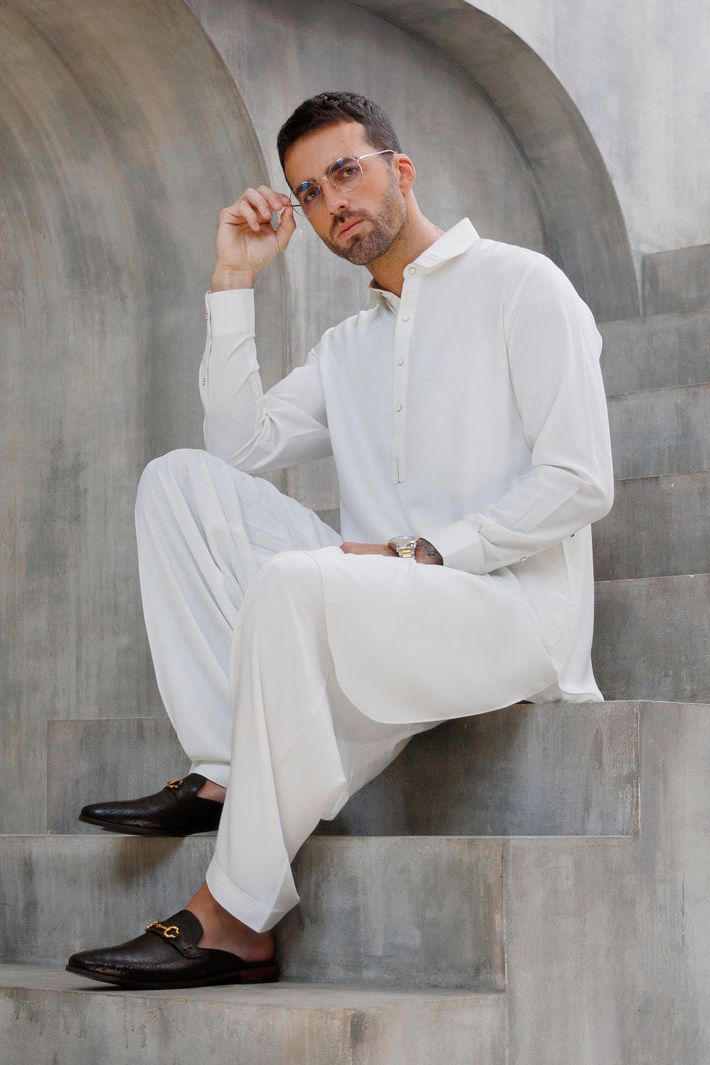 Blended White Shalwar Kameez - Wasim Akram by Almirah