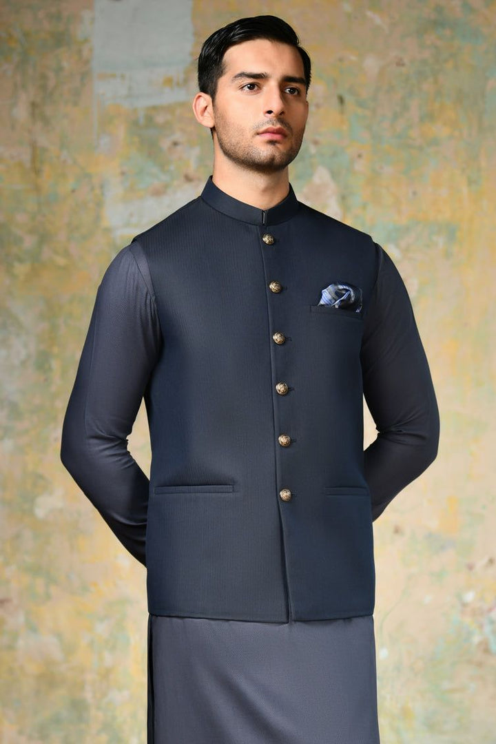 Blended Blue Waist Coat - J. Junaid Jamshed