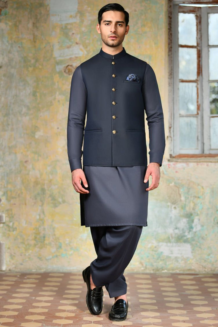 Blended Blue Waist Coat - J. Junaid Jamshed
