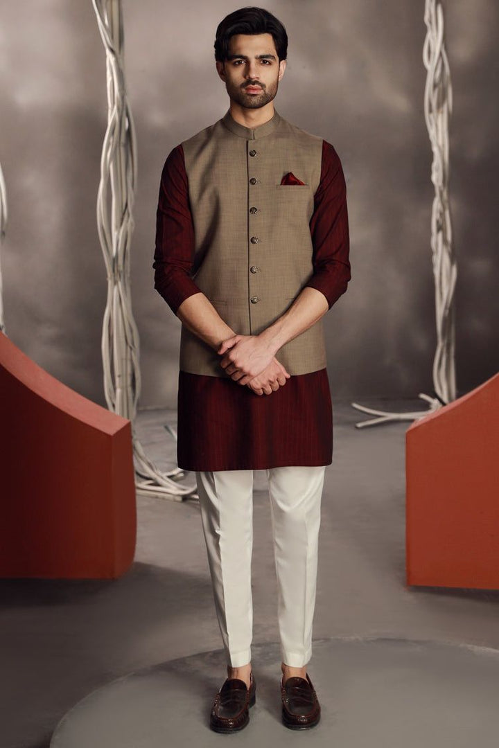Suiting Beige Waist Coat - J. Junaid Jamshed