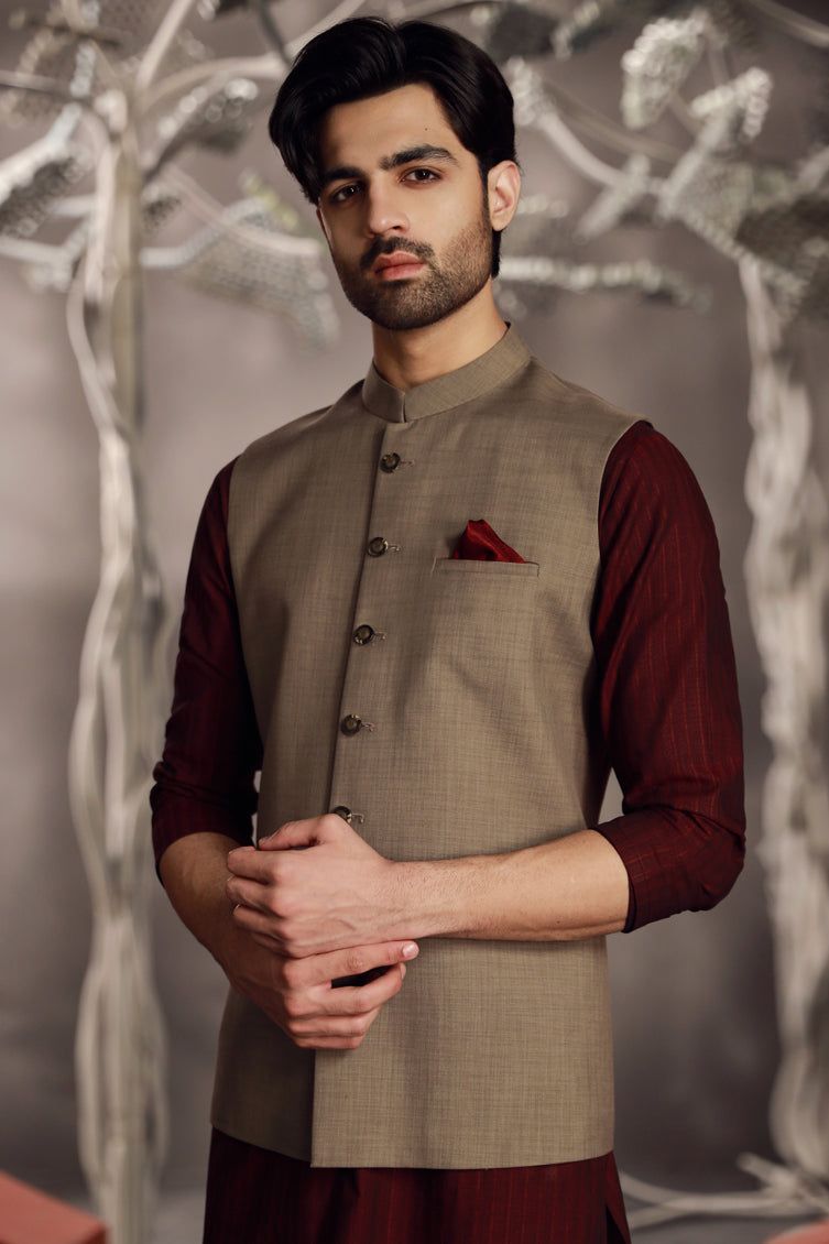 Suiting Beige Waist Coat - J. Junaid Jamshed