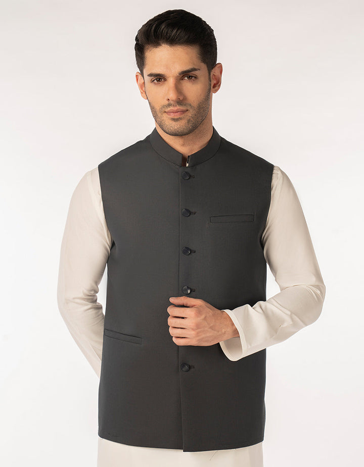 Suiting Charcoal Waist Coat - J. Junaid Jamshed