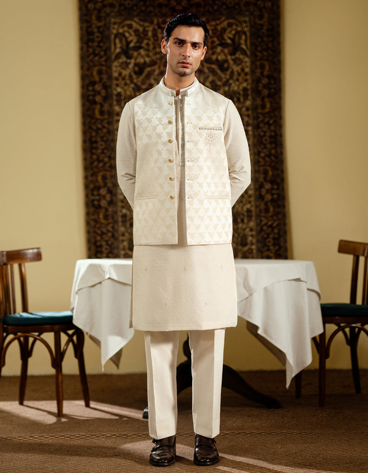 Polyester Cream Waist Coat - J. Junaid Jamshed