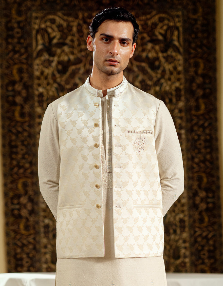 Polyester Cream Waist Coat - J. Junaid Jamshed