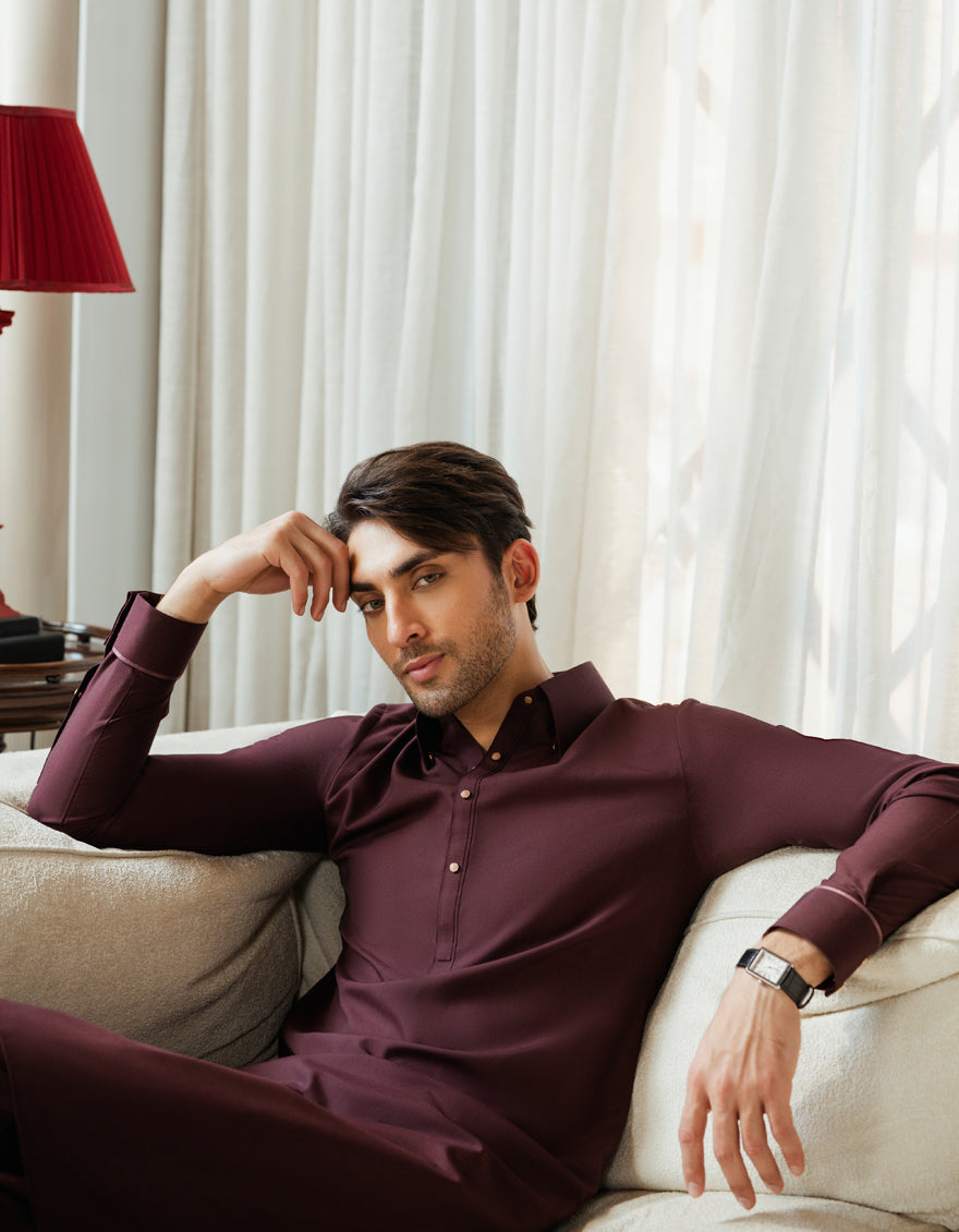 Blended Maroon Shalwar Kameez - J. Junaid Jamshed