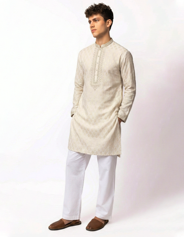 Polyester Cream Special Kurta - J. Junaid Jamshed