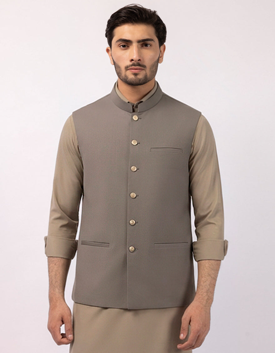 Blended Silver Grey Waist Coat - J. Junaid Jamshed