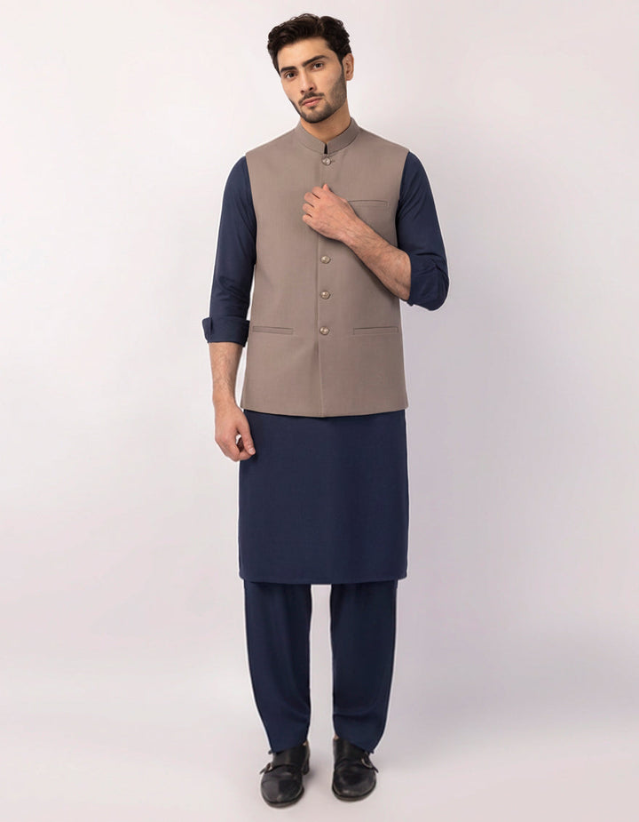 Blended Stone Grey Waist Coat - J. Junaid Jamshed