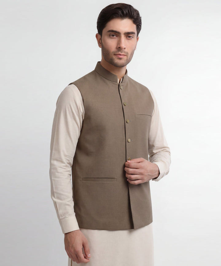 Blended Khaki Waist Coat - J. Junaid Jamshed