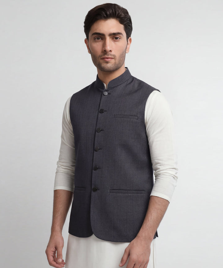 Blended Charcoal Grey Waist Coat - J. Junaid Jamshed