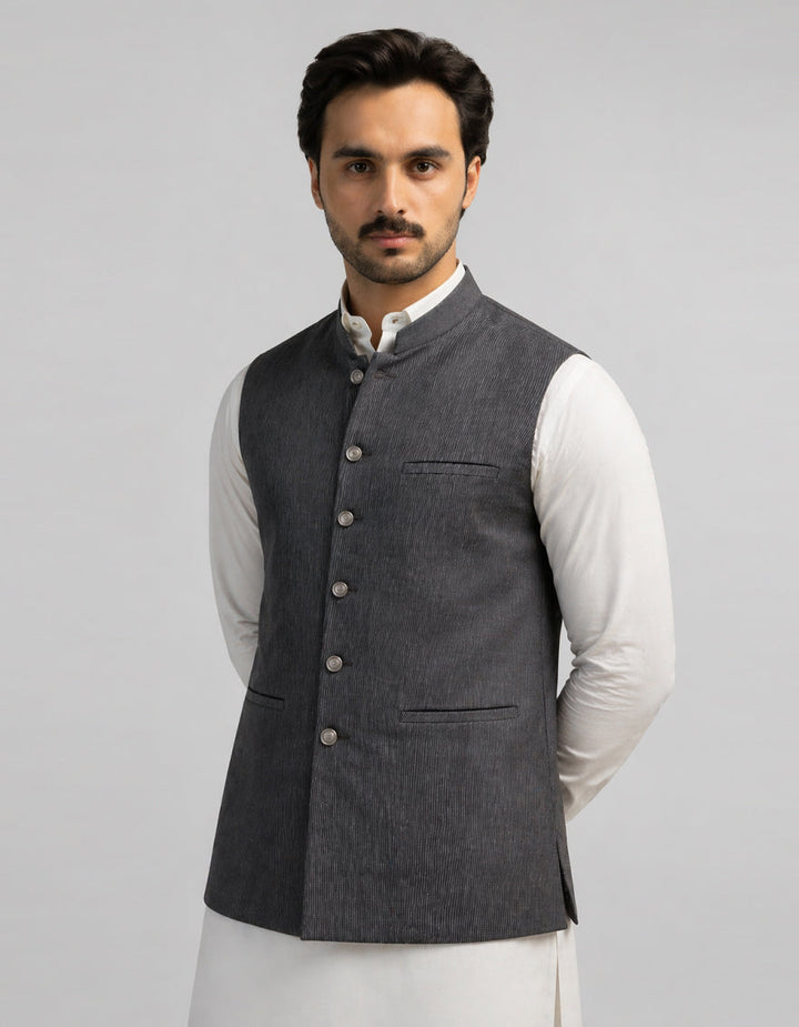 Blended Dark Grey Waist Coat - J. Junaid Jamshed
