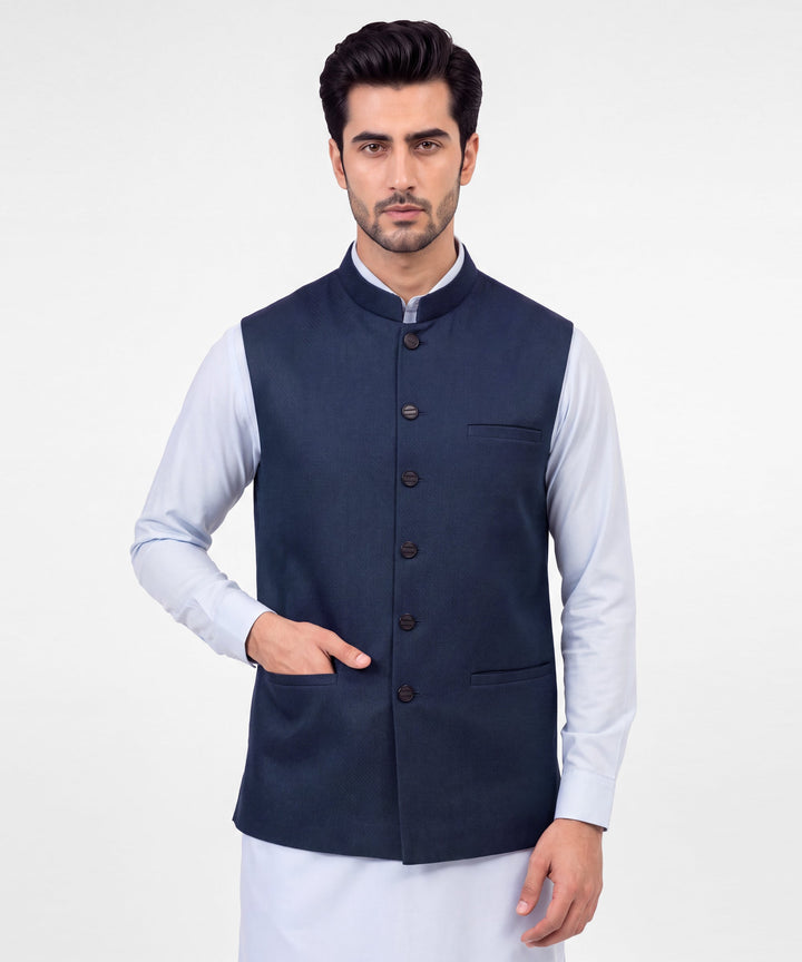 Blended Navy Blue Waist Coat - J. Junaid Jamshed