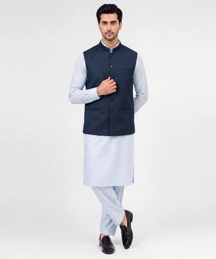 Blended Navy Blue Waist Coat - J. Junaid Jamshed