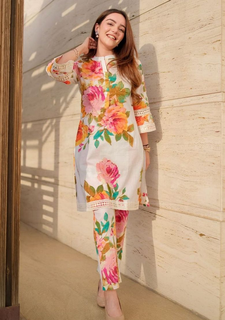 Digital Print Rayon White Stitched Suit - Indya