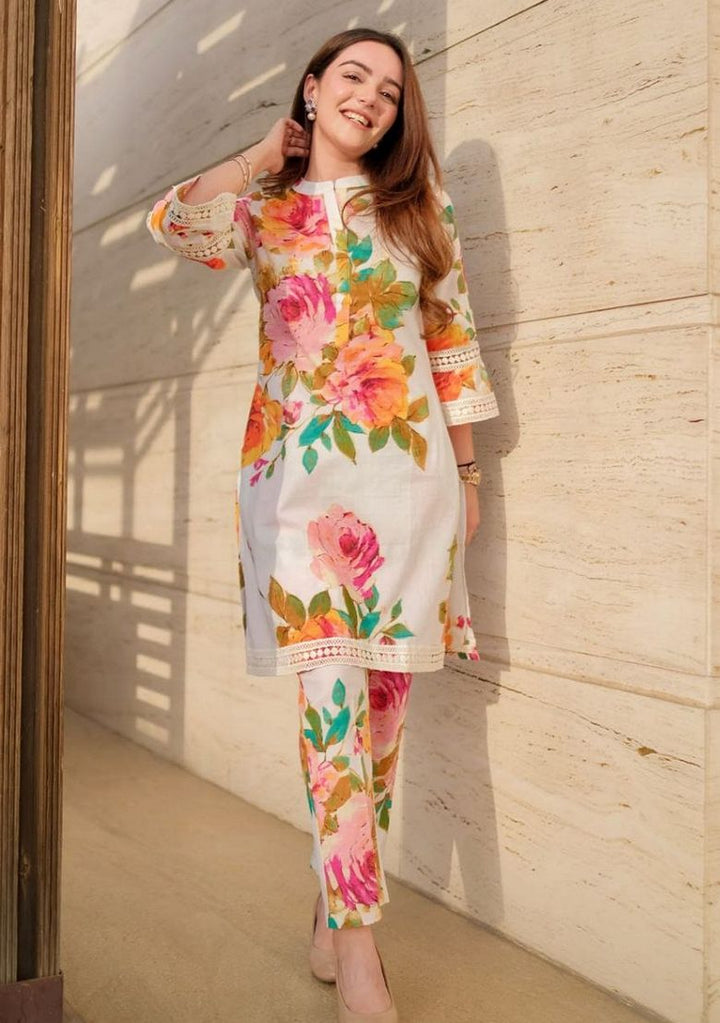 Digital Print Rayon White Stitched Suit - Indya