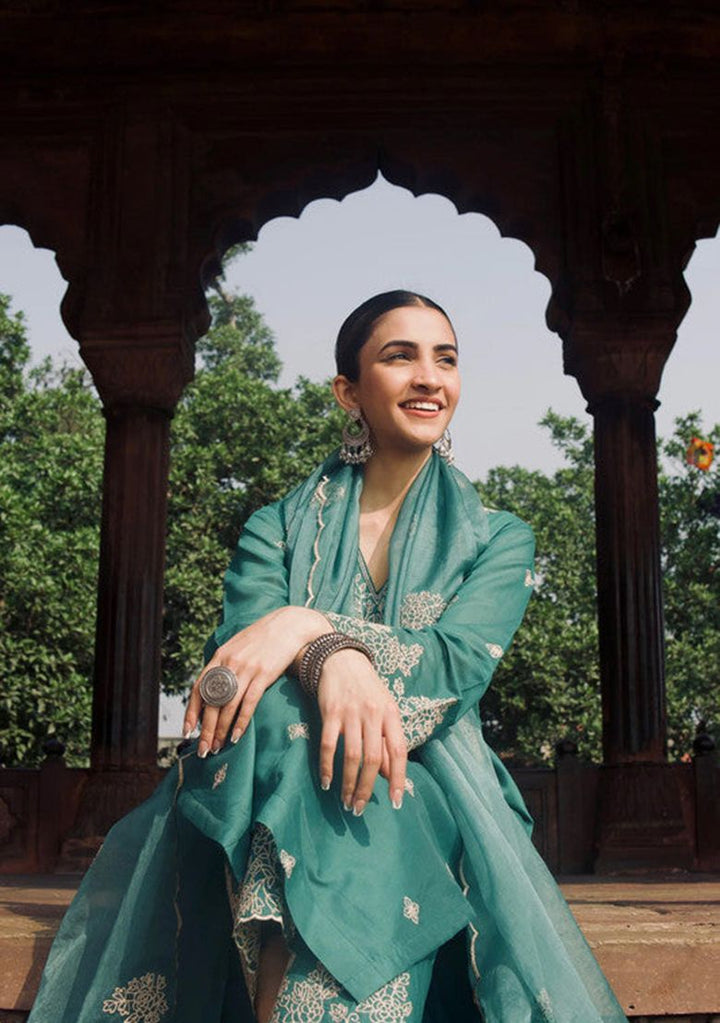 Embroidered Viscose Chanderi  Pine Green Stitched Suit - Indya