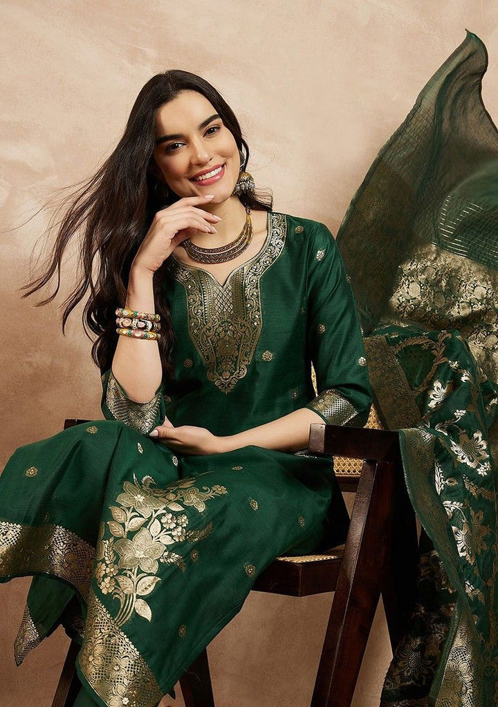 Woven Chanderi Green Stitched Suit - Indya
