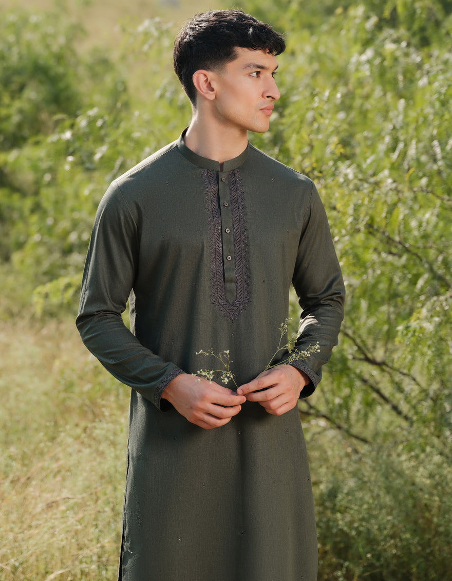 Blended Dark Green Shalwar Kameez - J. Junaid Jamshed
