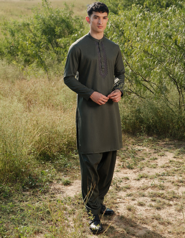 Blended Dark Green Shalwar Kameez - J. Junaid Jamshed