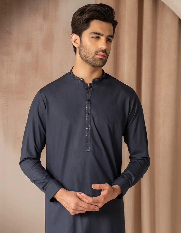 Blended Navy Blue Kurta Trouser - J. Junaid Jamshed