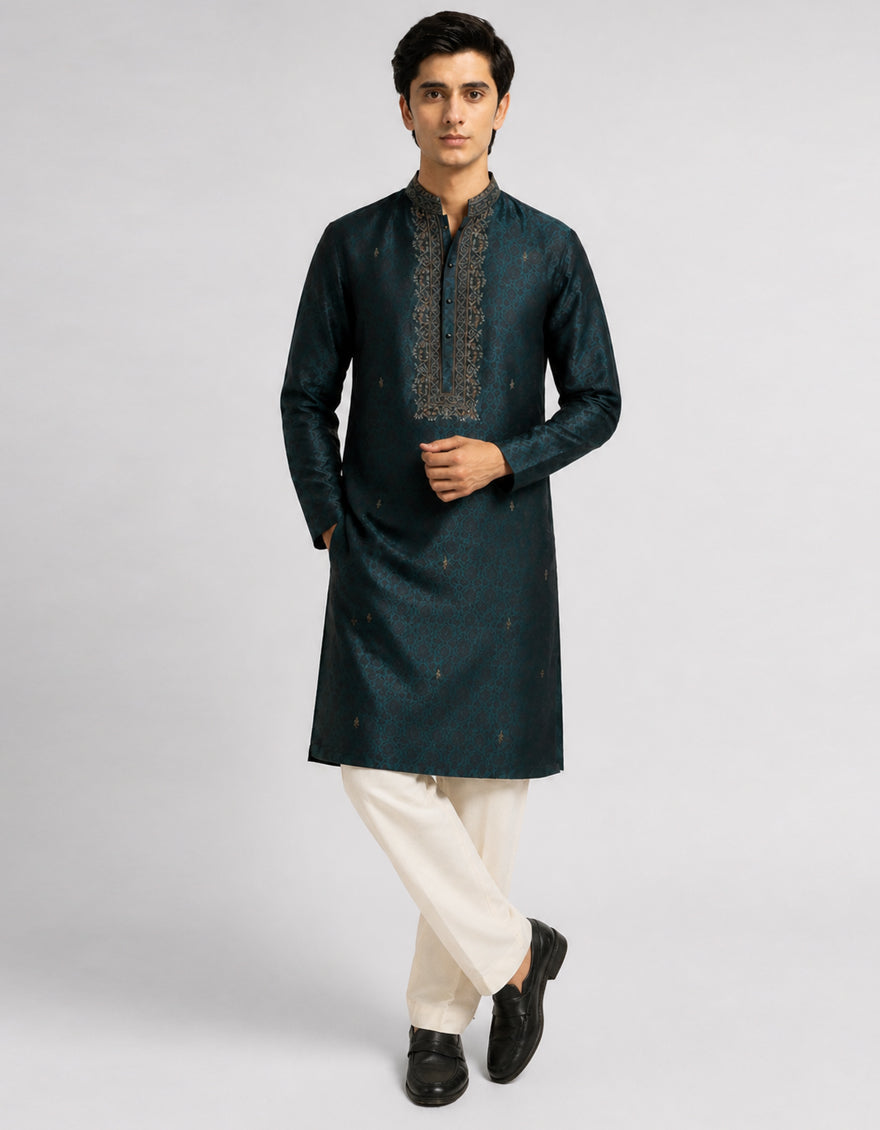Polyester Bottle Green Special Kurta - J. Junaid Jamshed