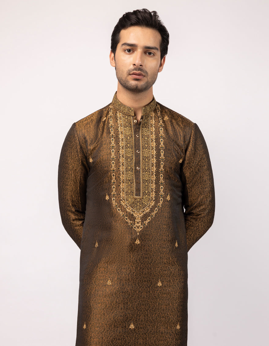 Blended Golden Green Special Kurta - J. Junaid Jamshed